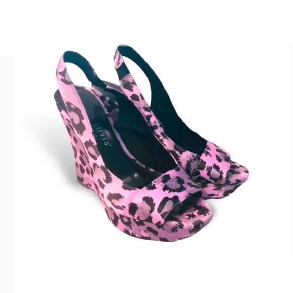 ηεω A+O Pink Leopard Slingback Peep-Toe Wedge Vintage Alice + Olivia Excellent - Picture 13 of 16